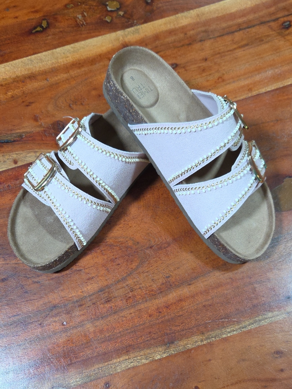 Time and Tru Cream Double-Buckle Slide Sandals with Gold Trim